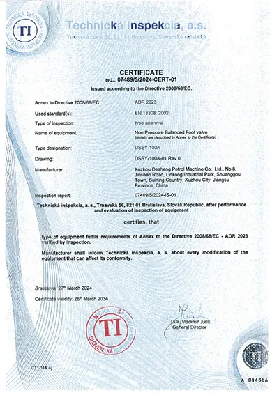 Certificación ADR (válvula de pie sin presión equilibrada)